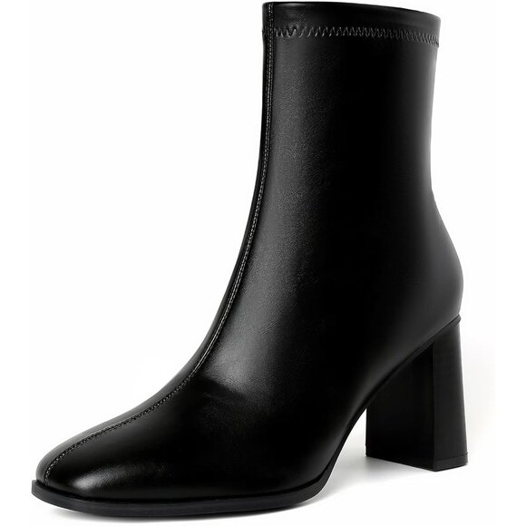 Women's Black Chunky Block Heel Square Toe Side Zipper Short Booties - Picture 1 of 9